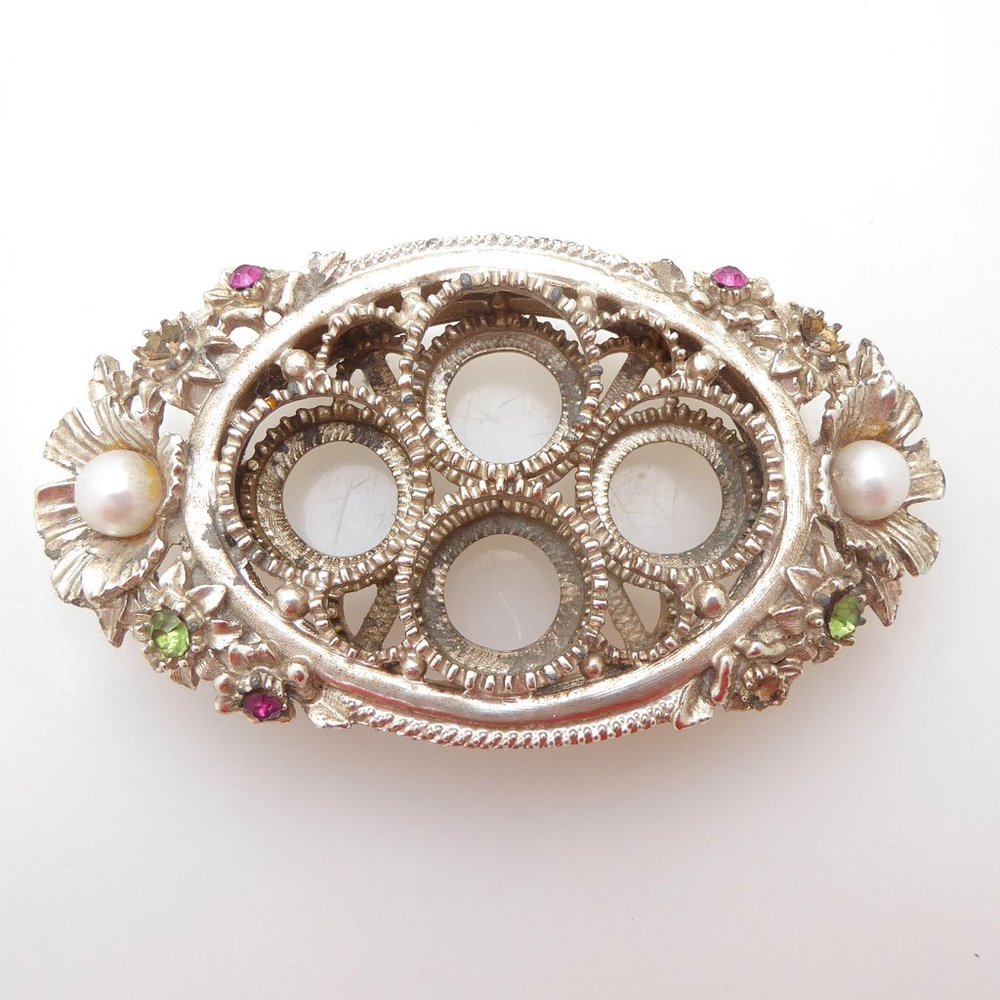1970s Vintage Florenza light gold floral pearl rhinestone 4 tube lipstick holder